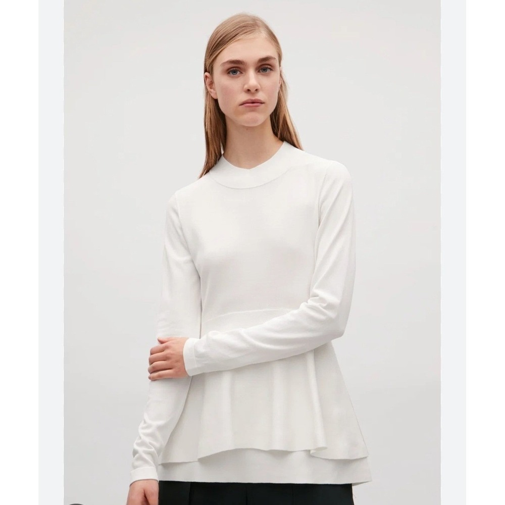 COS White Layered Peplum Mock Neck Knit Long Sleeve Top‎ Cream M